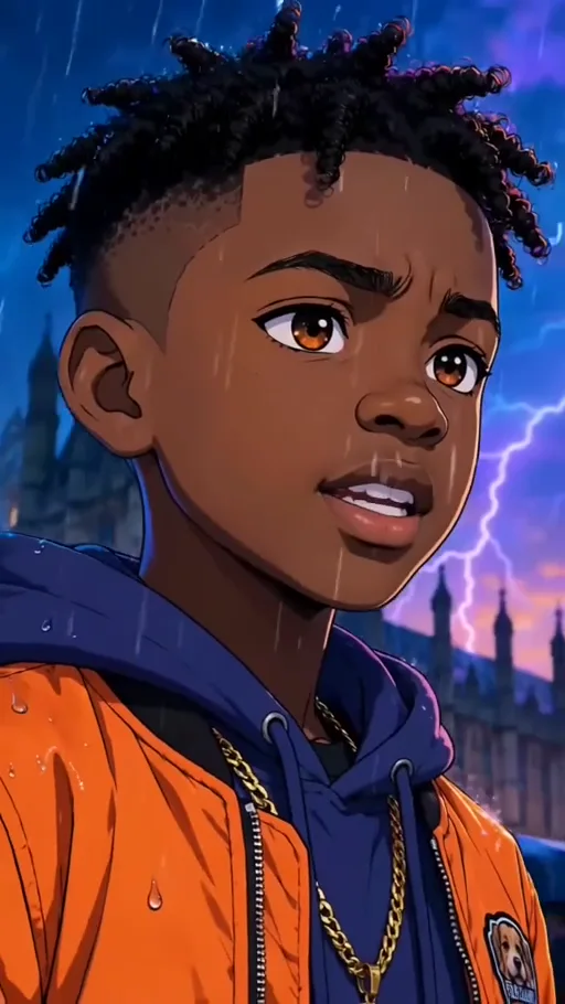Illustrated Kairo in an orange jacket, standing in rain beneath a violet and blue sky