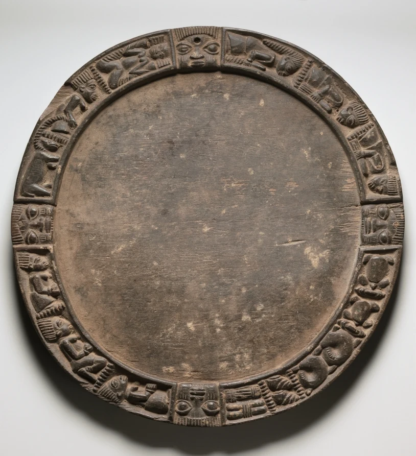 A historic wooden divination tray with a carved border and faces, in the Cleveland Museum of Art collection